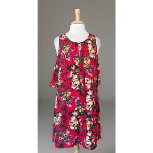 UMGEE Womens XL Boho Floral Cottagecore Babydoll Tunic Dress Cold Shoulder Red